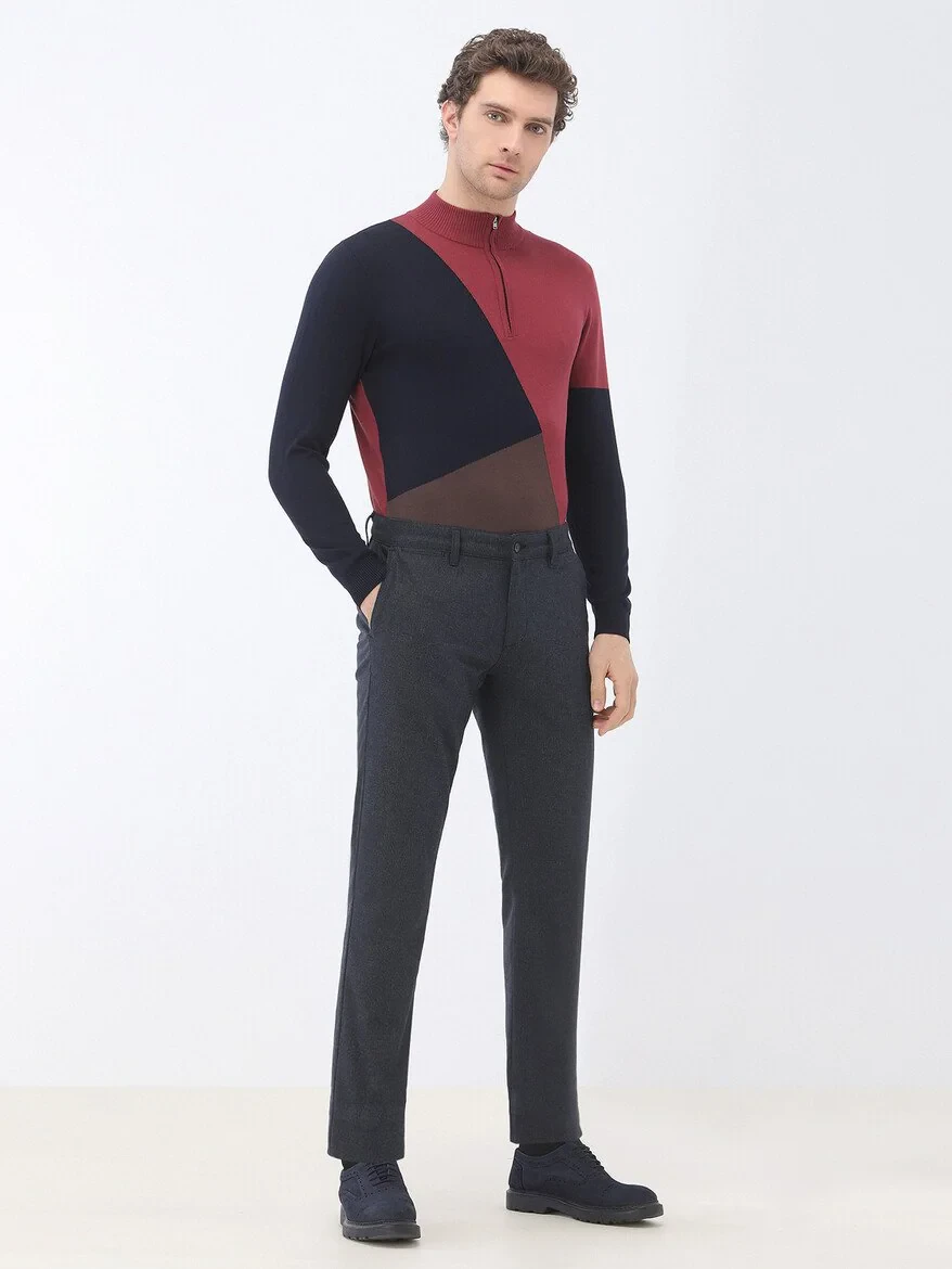 Navy Blue Weaving Slim Fit Smart Casual Trousers - 2