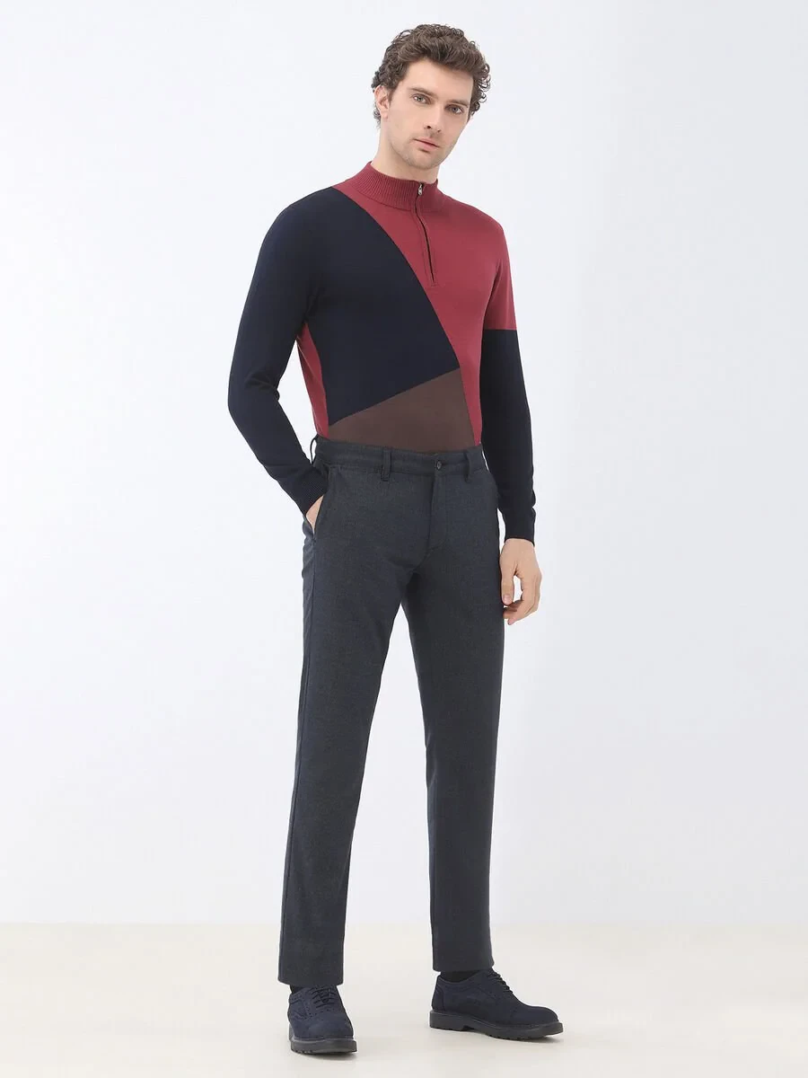 Navy Blue Weaving Slim Fit Smart Casual Trousers - 2