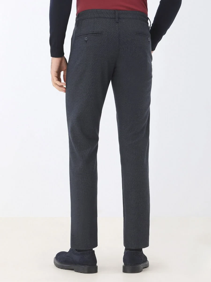Navy Blue Weaving Slim Fit Smart Casual Trousers - 4