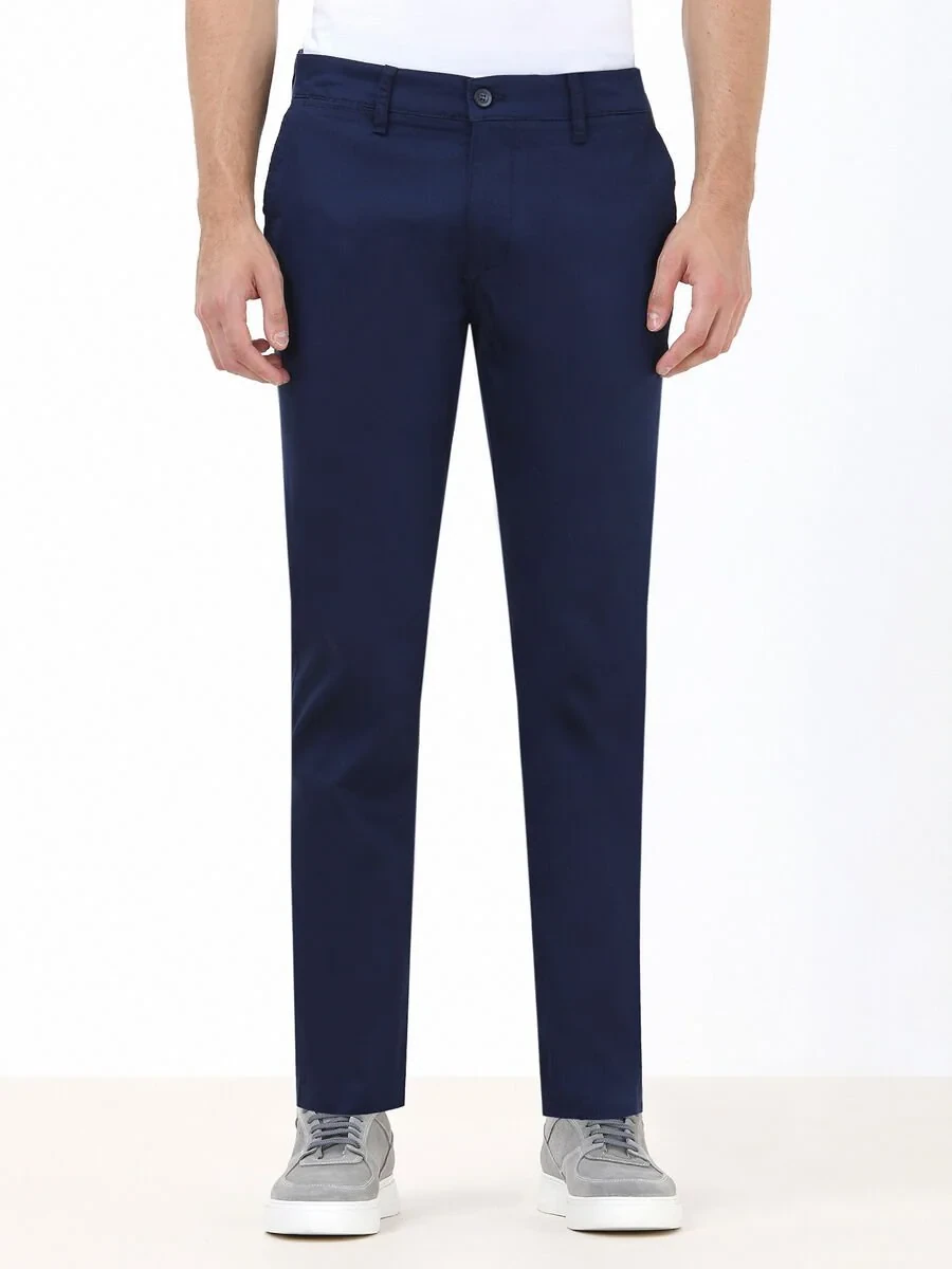 Night Blue Weaving Slim Fit Casual Cotton Blended Trousers - 1