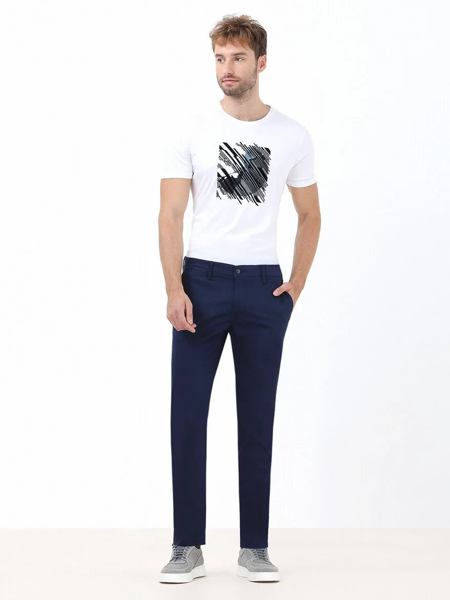 Night Blue Weaving Slim Fit Casual Cotton Blended Trousers - 2