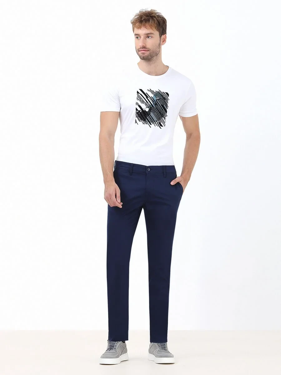 Night Blue Weaving Slim Fit Casual Cotton Blended Trousers - 2