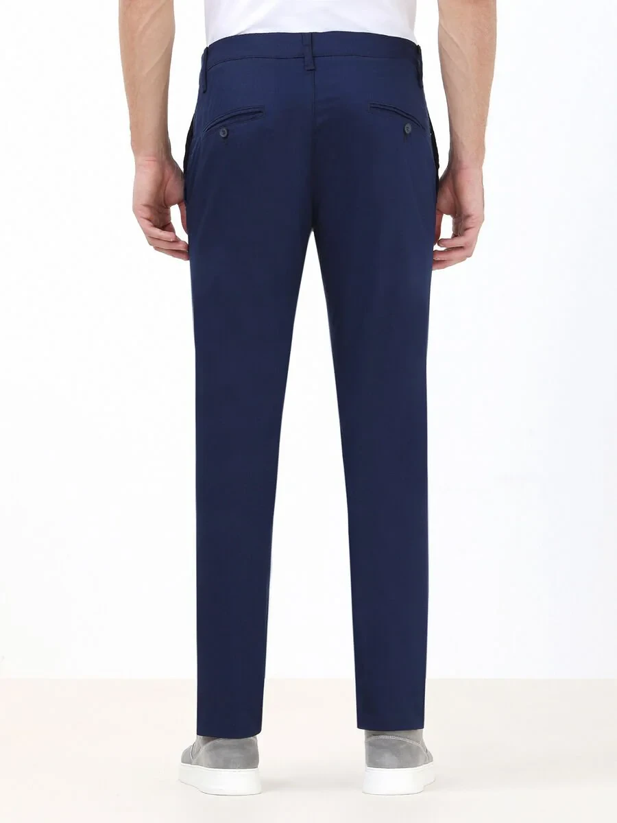 Night Blue Weaving Slim Fit Casual Cotton Blended Trousers - 4