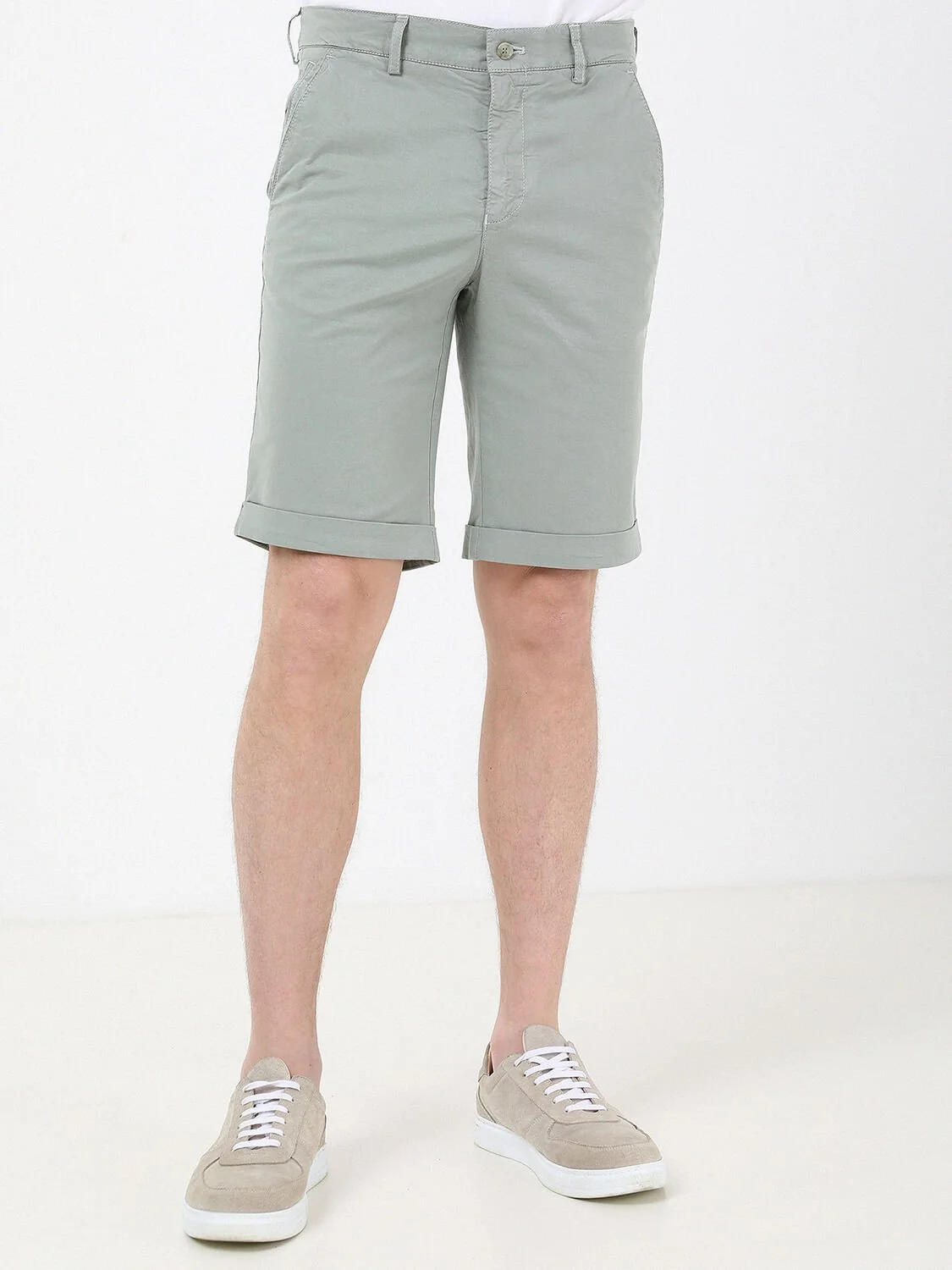 Nil Yeşili Düz Dokuma Slim Fit Casual Pamuk Karışımlı Bermuda - 2