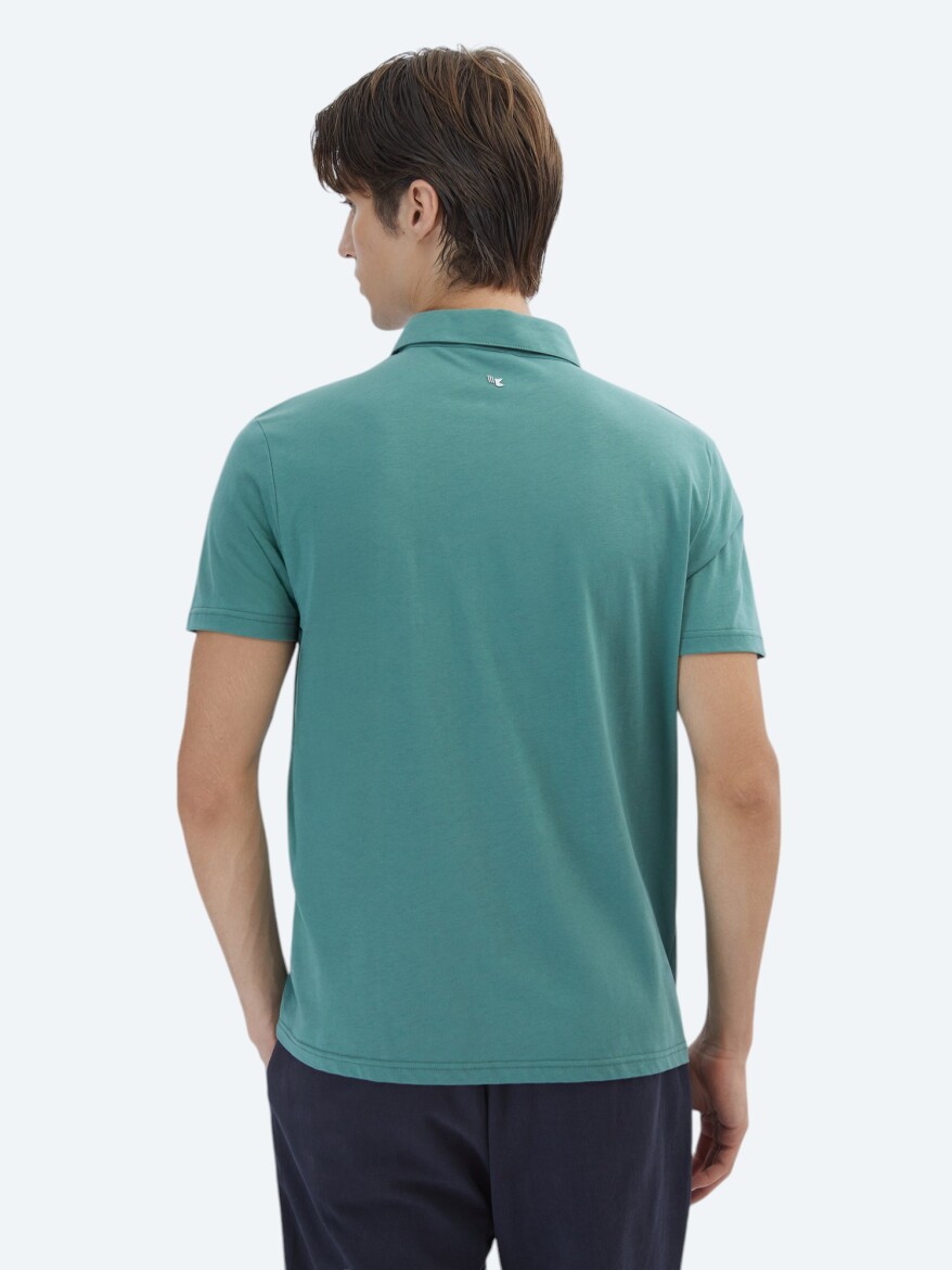 Nil Yeşili Düz Polo Yaka %100 Pamuk T-Shirt - 7