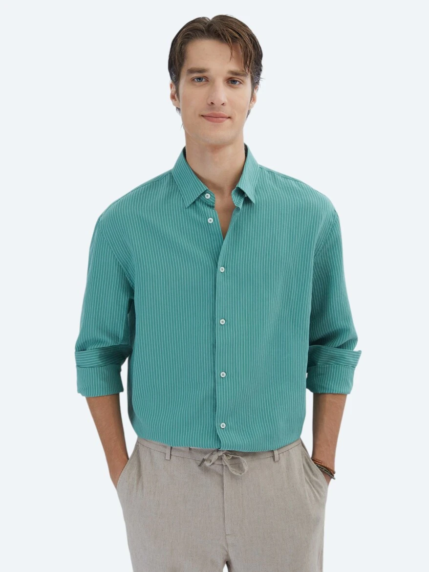 Nil Yeşili Oversize Fit Dokuma Casual Gömlek - 3