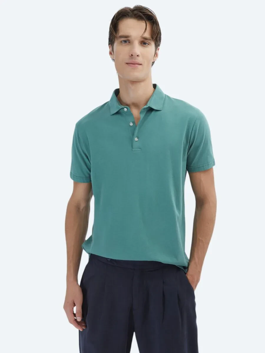 Nile Green Plain Polo Neck 100% Cotton T-Shirt - 1