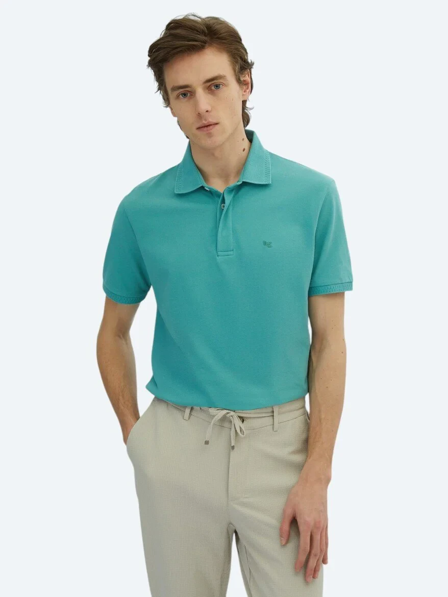 Nile Green Plain Polo Neck 100% Cotton T-Shirt - 1