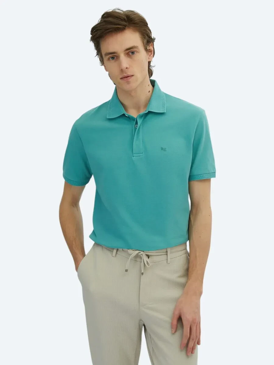 Nile Green Plain Polo Neck 100% Cotton T-Shirt - 1