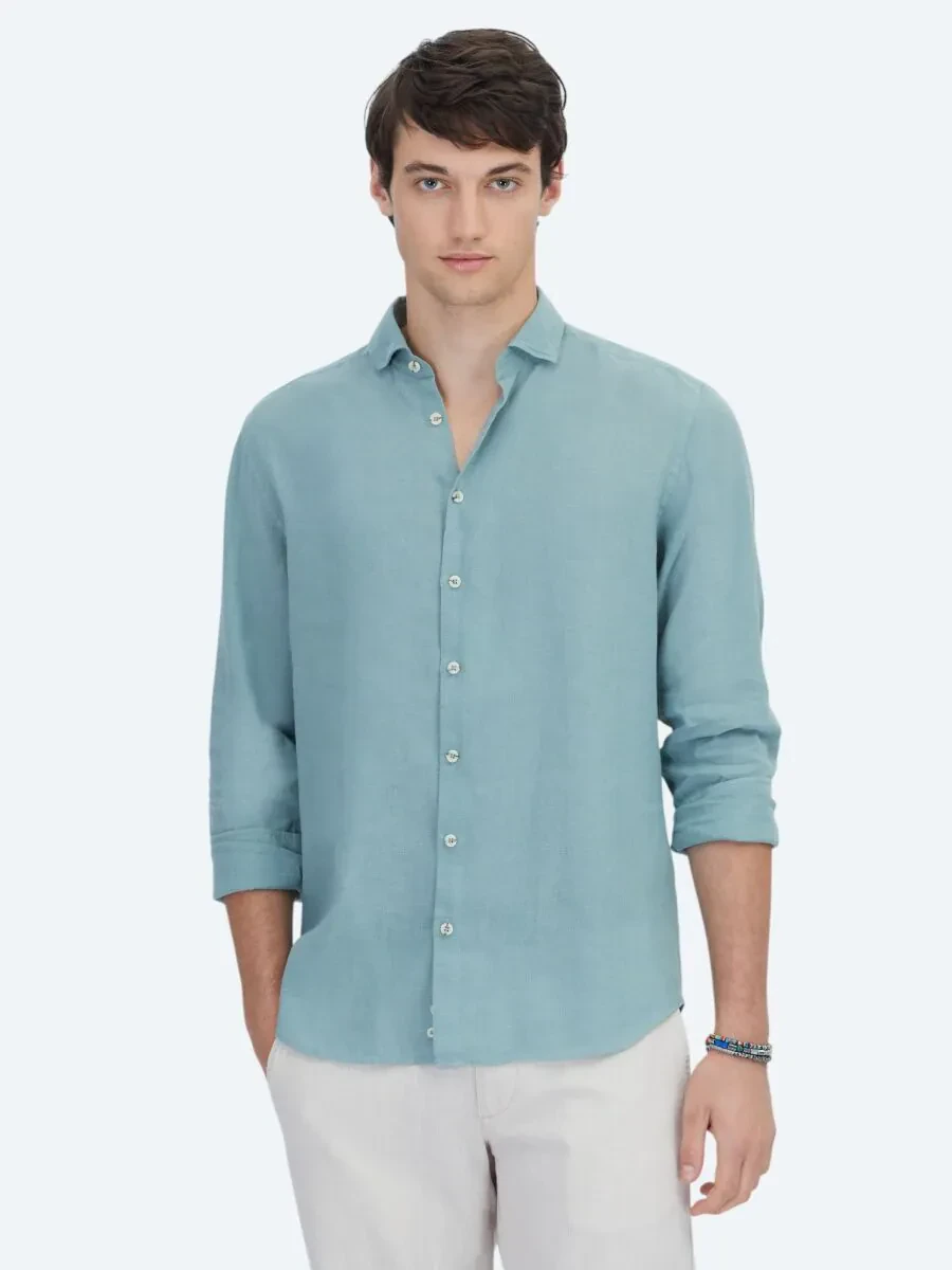 Nile Green Plain Weaving Casual Cotton Blended Shirt - 1