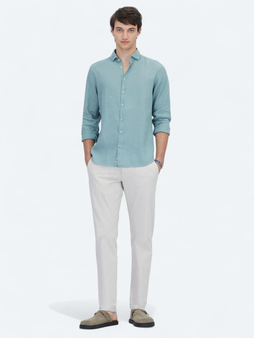 Nile Green Plain Weaving Casual Cotton Blended Shirt - 2