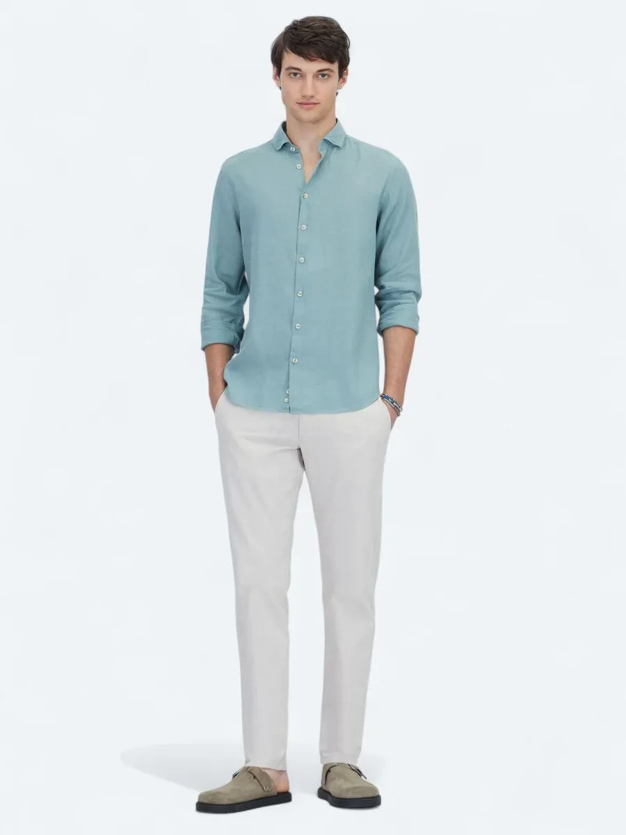 Nile Green Plain Weaving Casual Cotton Blended Shirt - 2