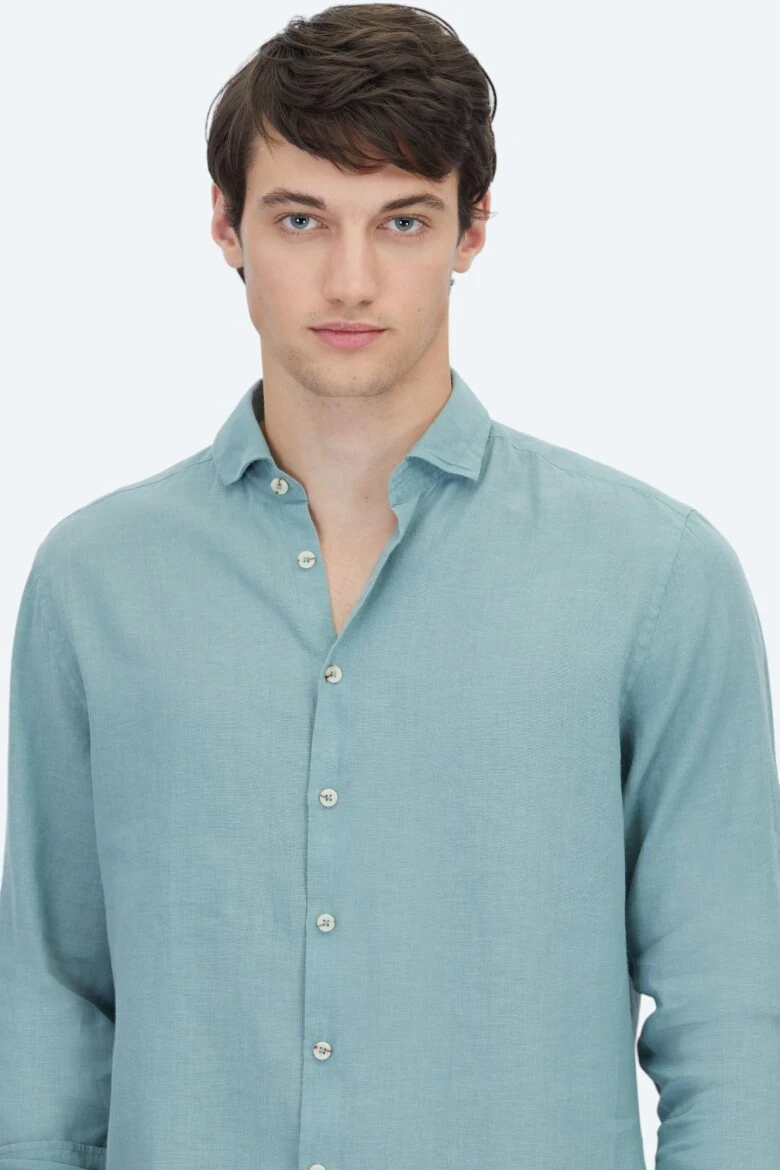 Nile Green Plain Weaving Casual Cotton Blended Shirt 