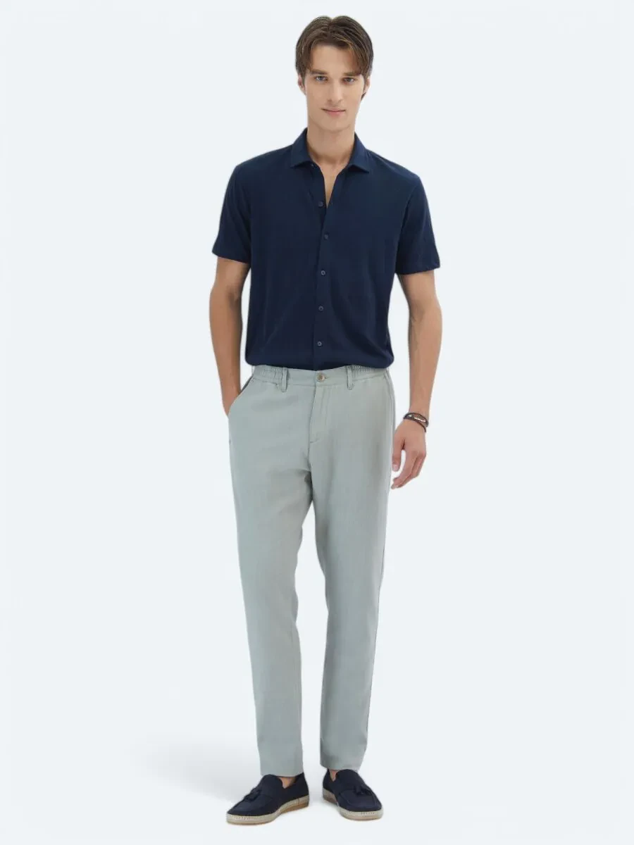 Nile Green Weaving Casual Cotton Blended Trousers - 1