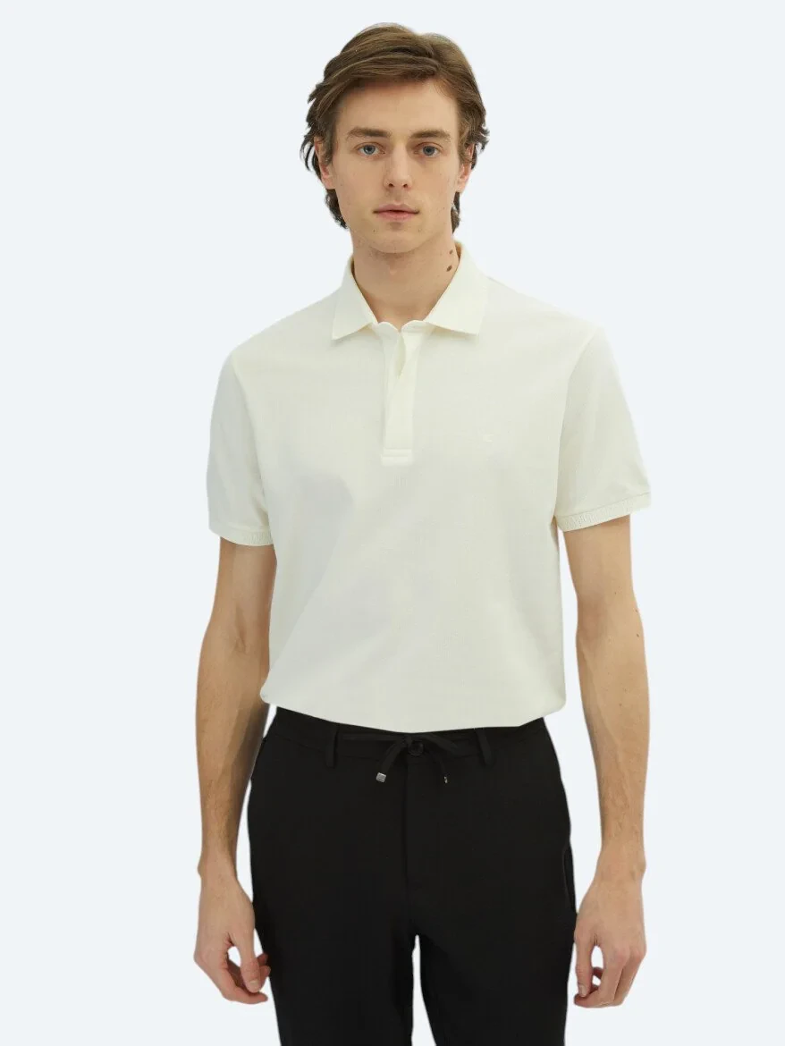 Off White Plain Polo Neck 100% Cotton T-Shirt - 1
