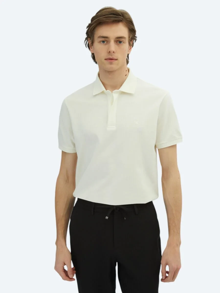 Off White Plain Polo Neck 100% Cotton T-Shirt - 1