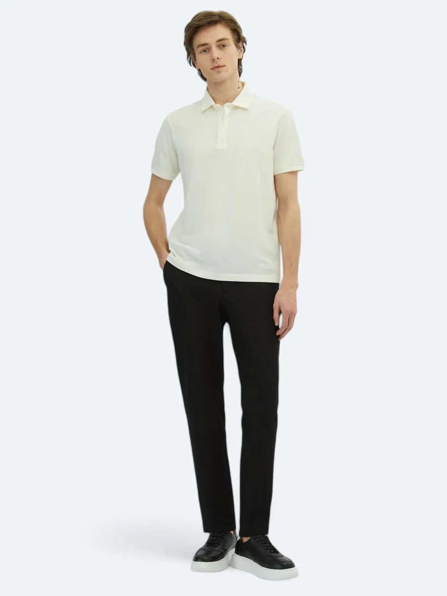 Off White Plain Polo Neck 100% Cotton T-Shirt - 2