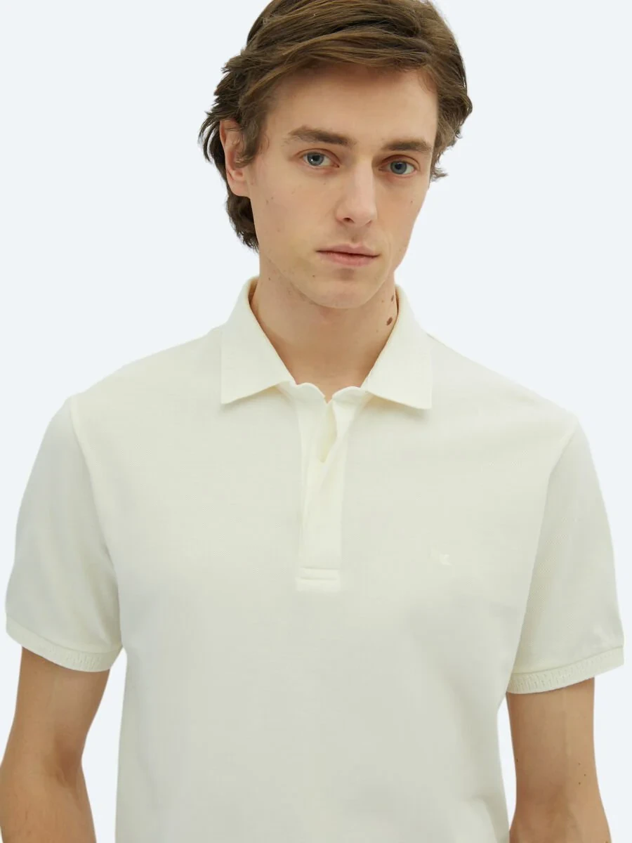 Off White Plain Polo Neck 100% Cotton T-Shirt - 3