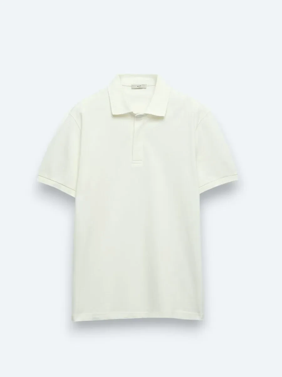 Off White Plain Polo Neck 100% Cotton T-Shirt - 6