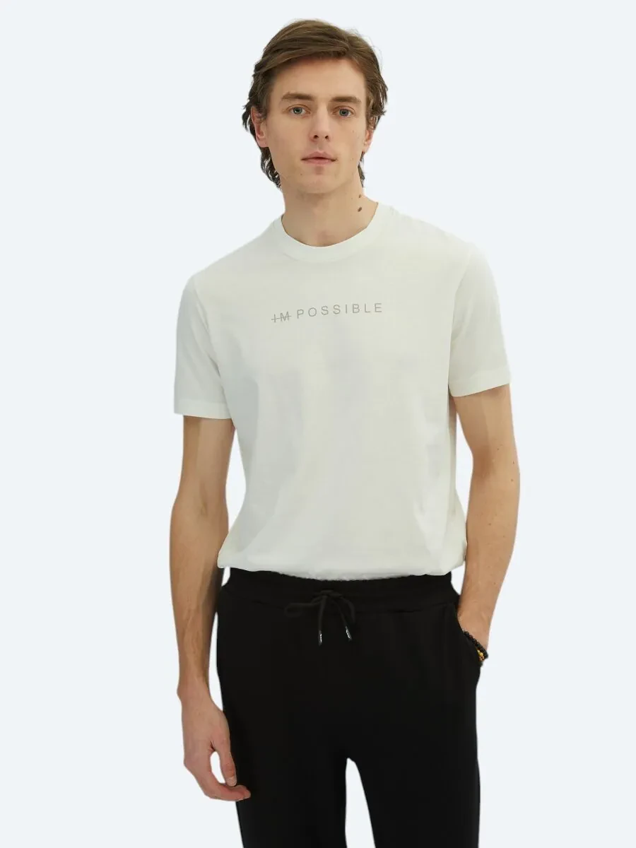 Off White Printed Crew Neck 100% Cotton T-Shirt - 1