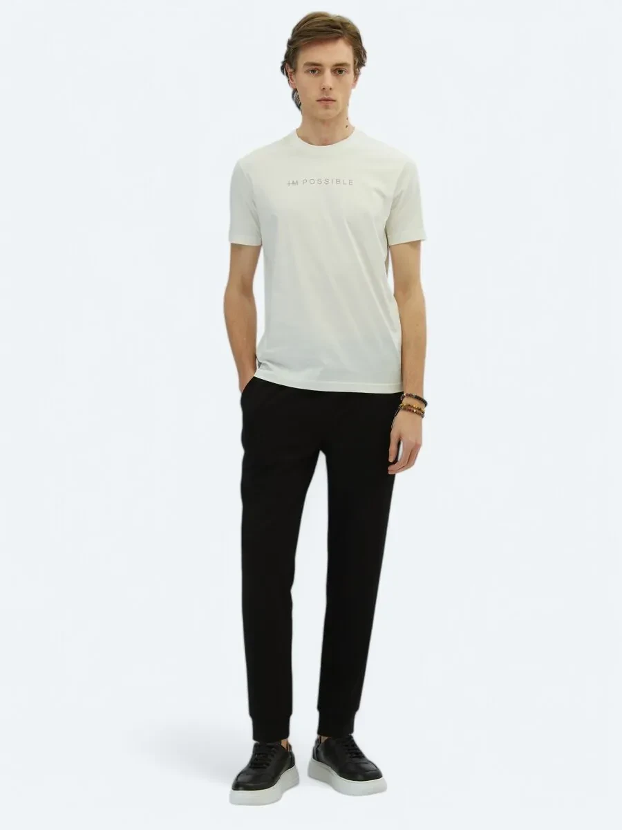 Off White Printed Crew Neck 100% Cotton T-Shirt - 2