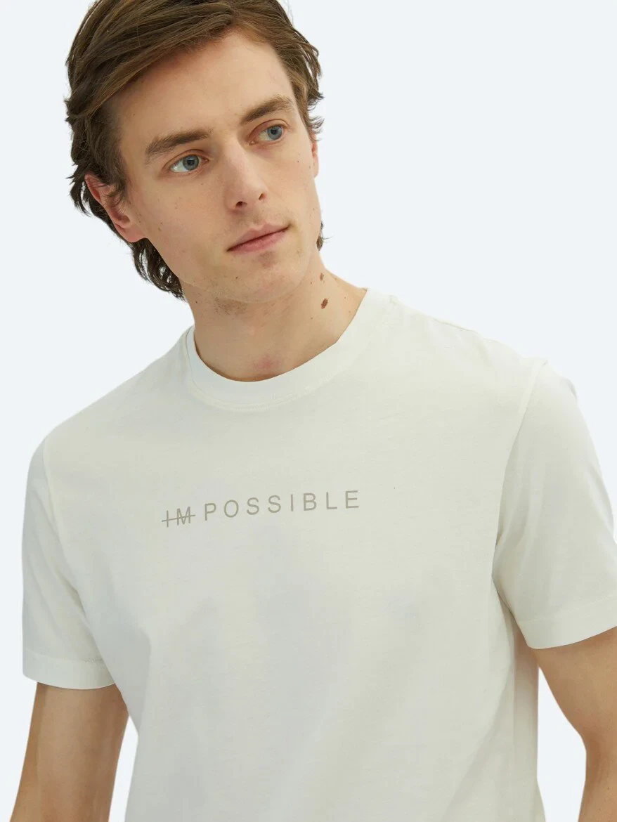 Off White Printed Crew Neck 100% Cotton T-Shirt - 3
