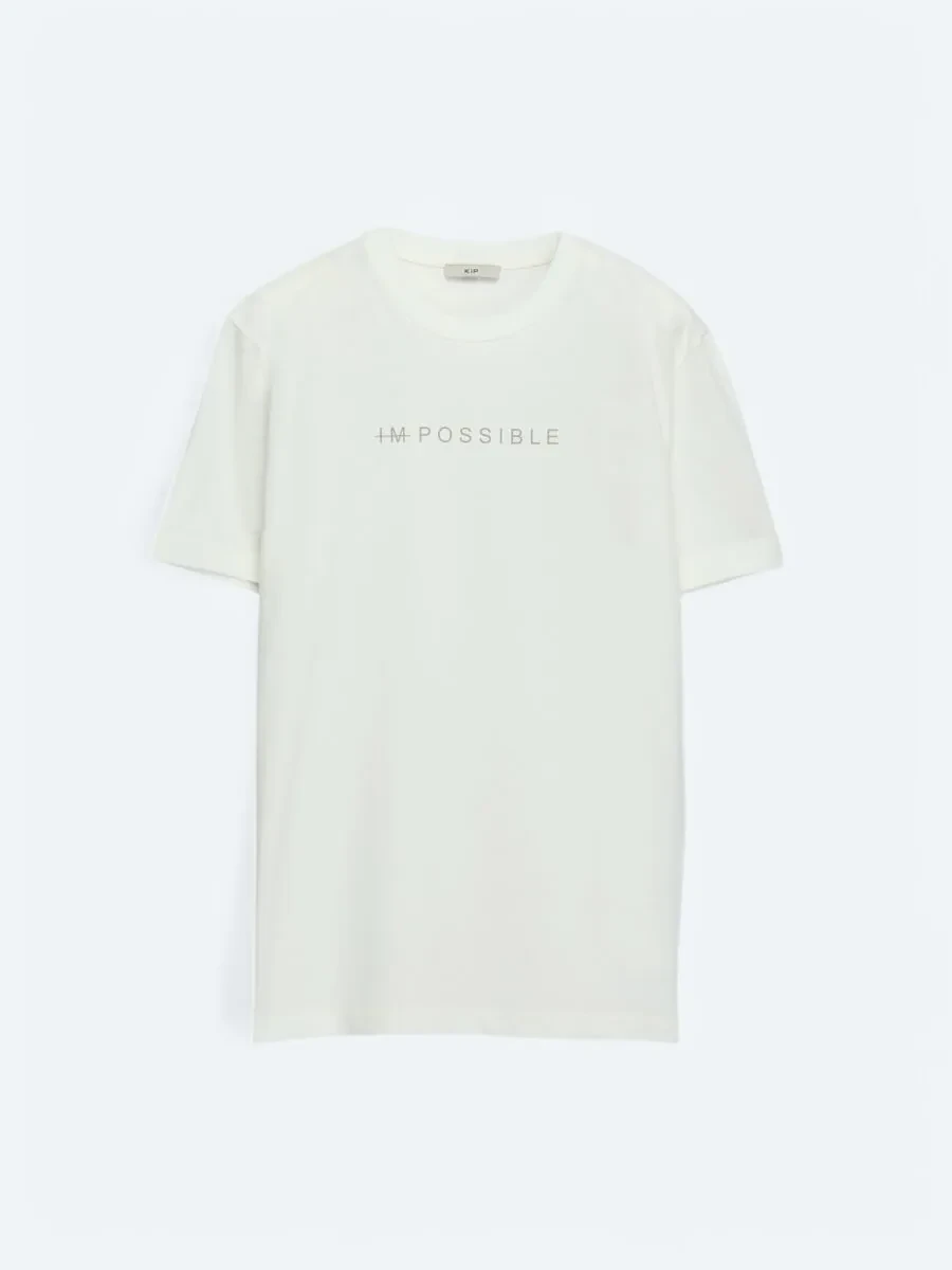 Off White Printed Crew Neck 100% Cotton T-Shirt - 6