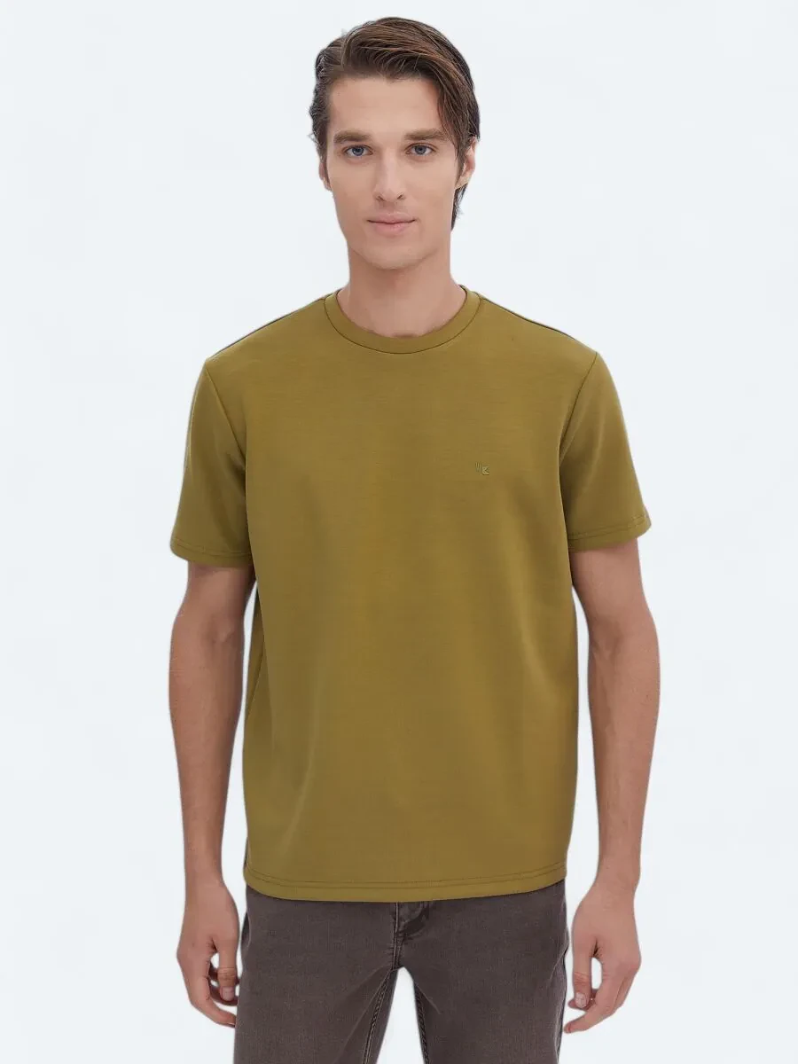Oil Green Plain Crew Neck T-Shirt - 1