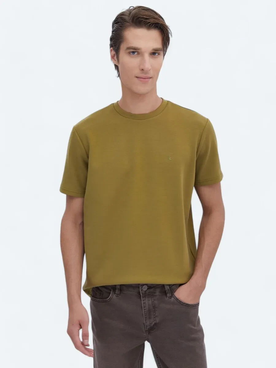 Oil Green Plain Crew Neck T-Shirt - 3