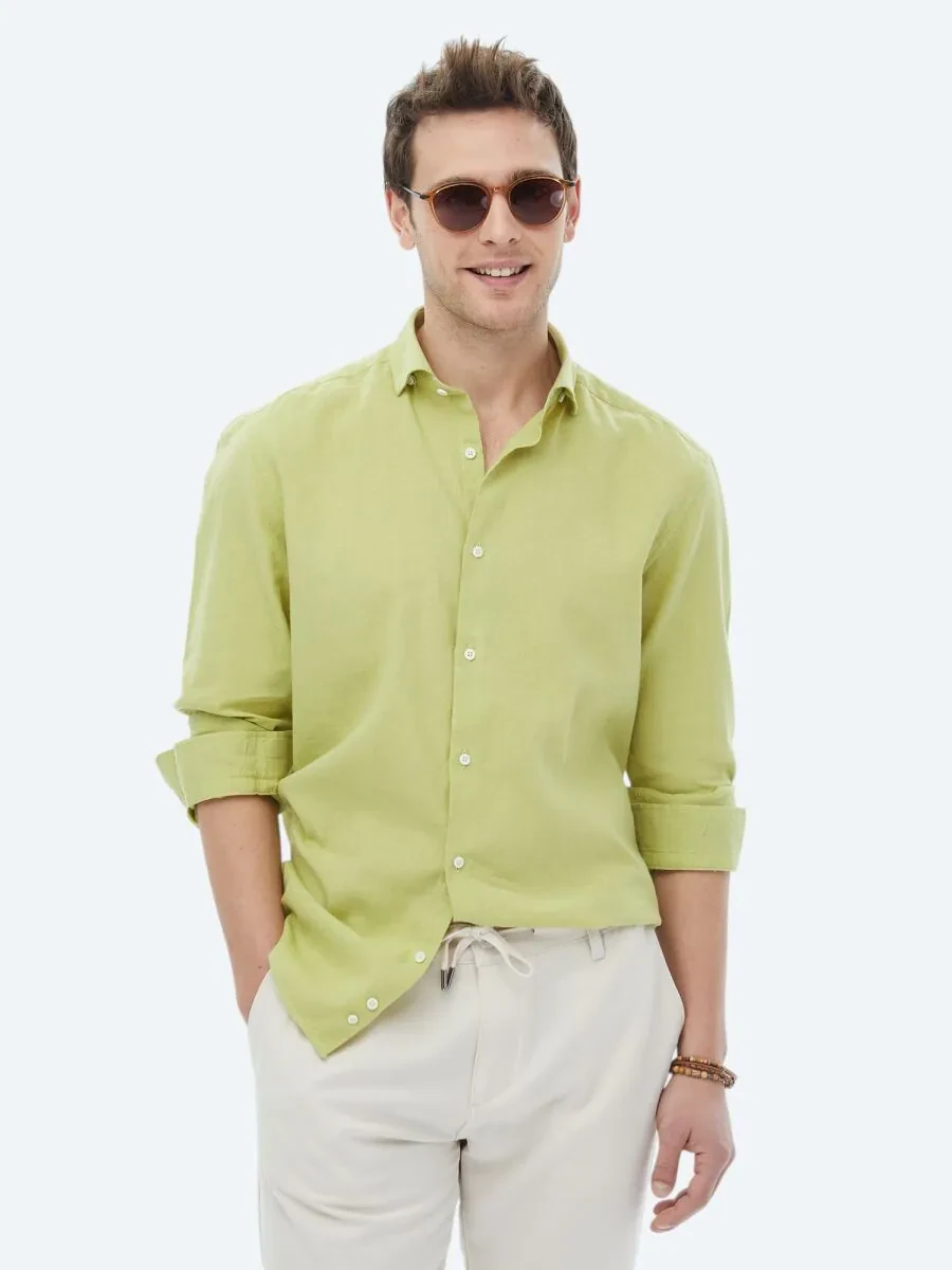 Oil Green Plain Regular Fit Weaving Casual Cotton Blended Shirt - 1