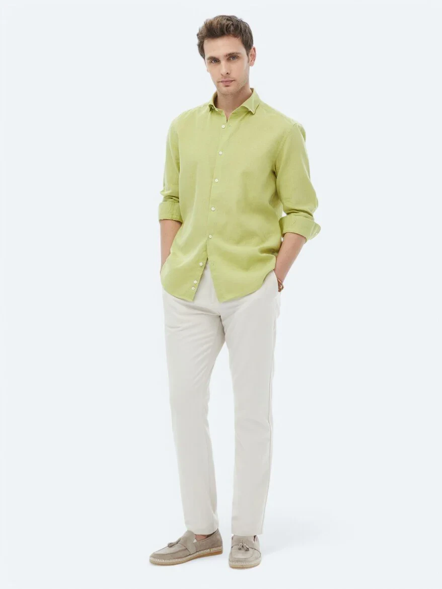 Oil Green Plain Regular Fit Weaving Casual Cotton Blended Shirt - 3
