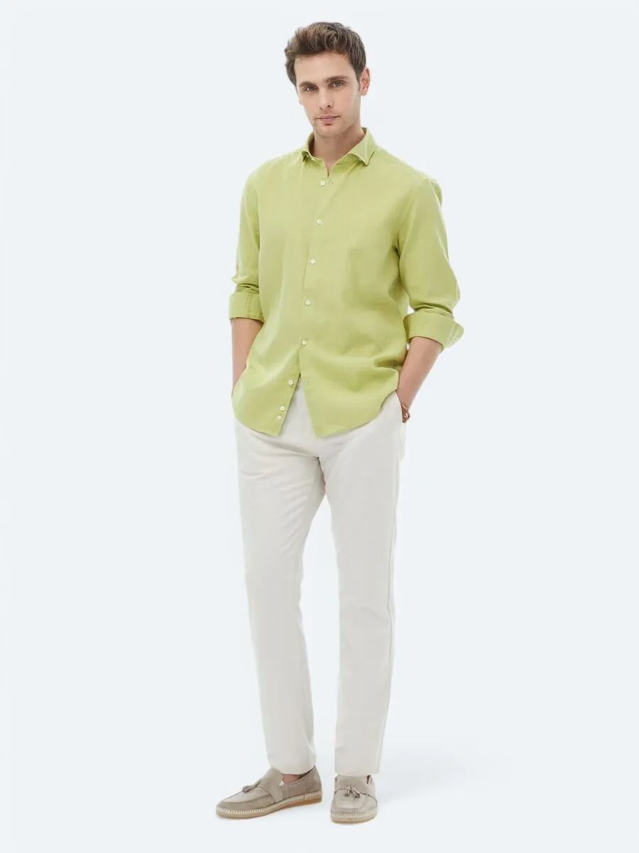 Oil Green Plain Regular Fit Weaving Casual Cotton Blended Shirt - 3