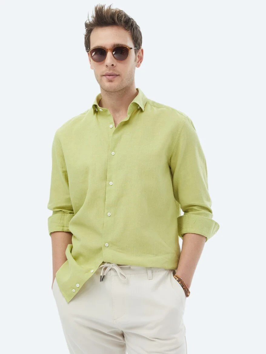 Oil Green Plain Regular Fit Weaving Casual Cotton Blended Shirt 