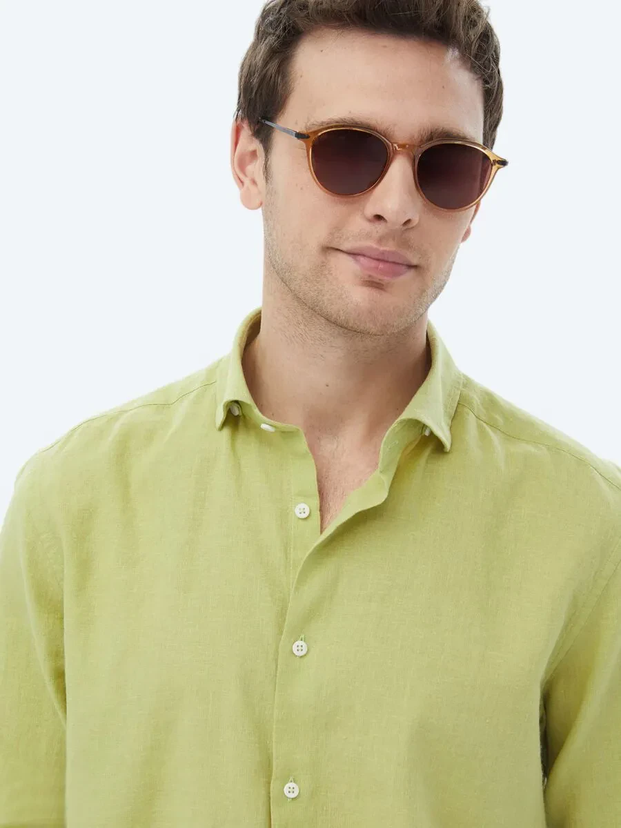 Oil Green Plain Regular Fit Weaving Casual Cotton Blended Shirt - 5