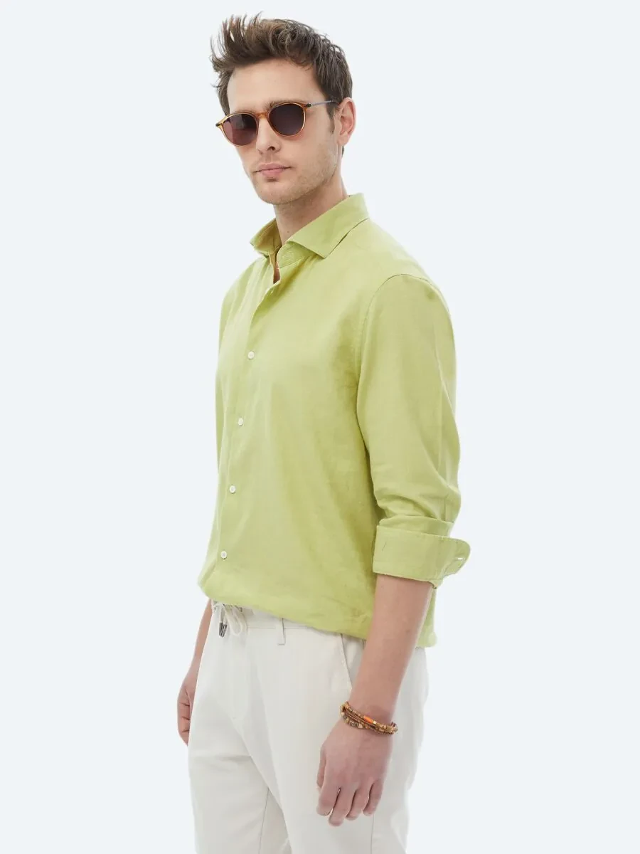 Oil Green Plain Regular Fit Weaving Casual Cotton Blended Shirt - 7