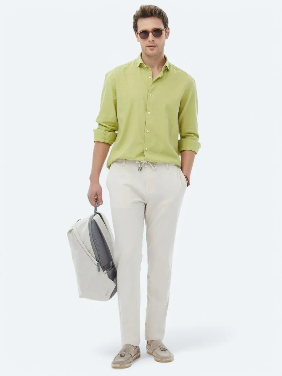 Oil Green Plain Regular Fit Weaving Casual Cotton Blended Shirt - 8