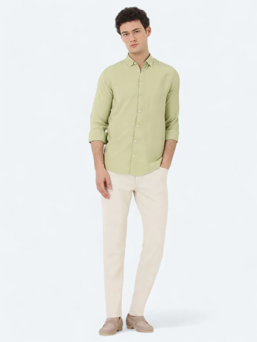 Oil Green Striped Regular Fit Weaving Casual Shirt - 2