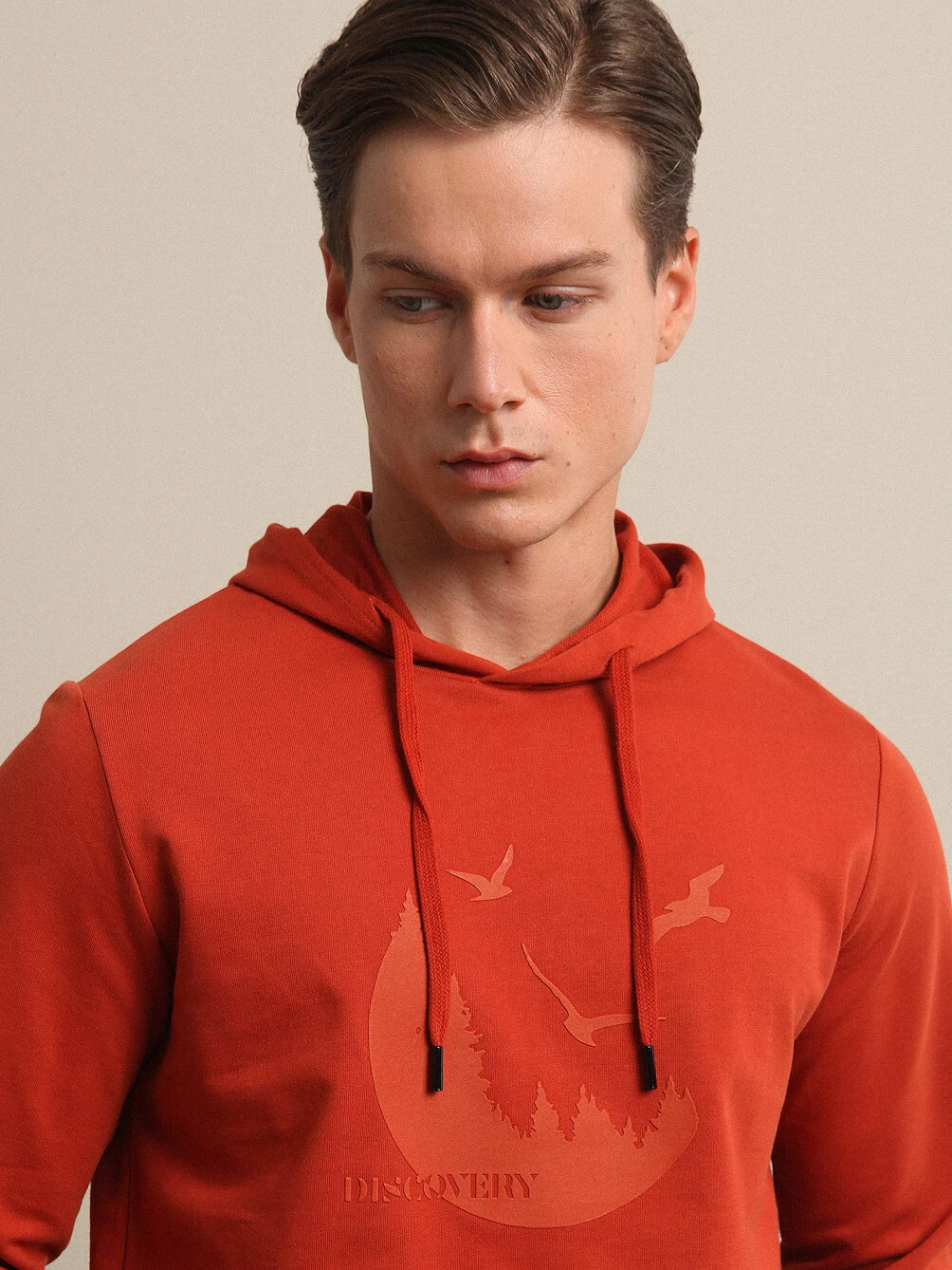 Orange Hooded Printed Sweatshirt - 1
