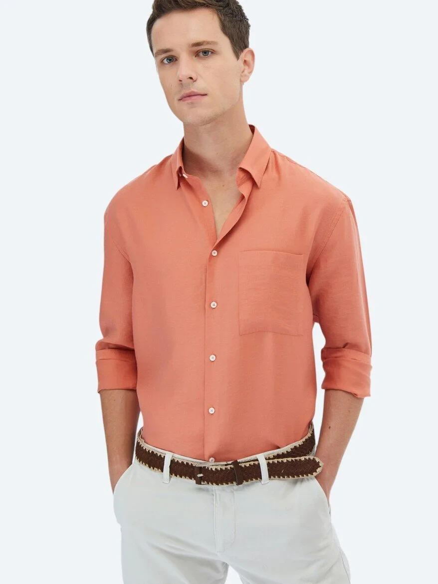 Orange Plain Weaving Casual Shirt - 1