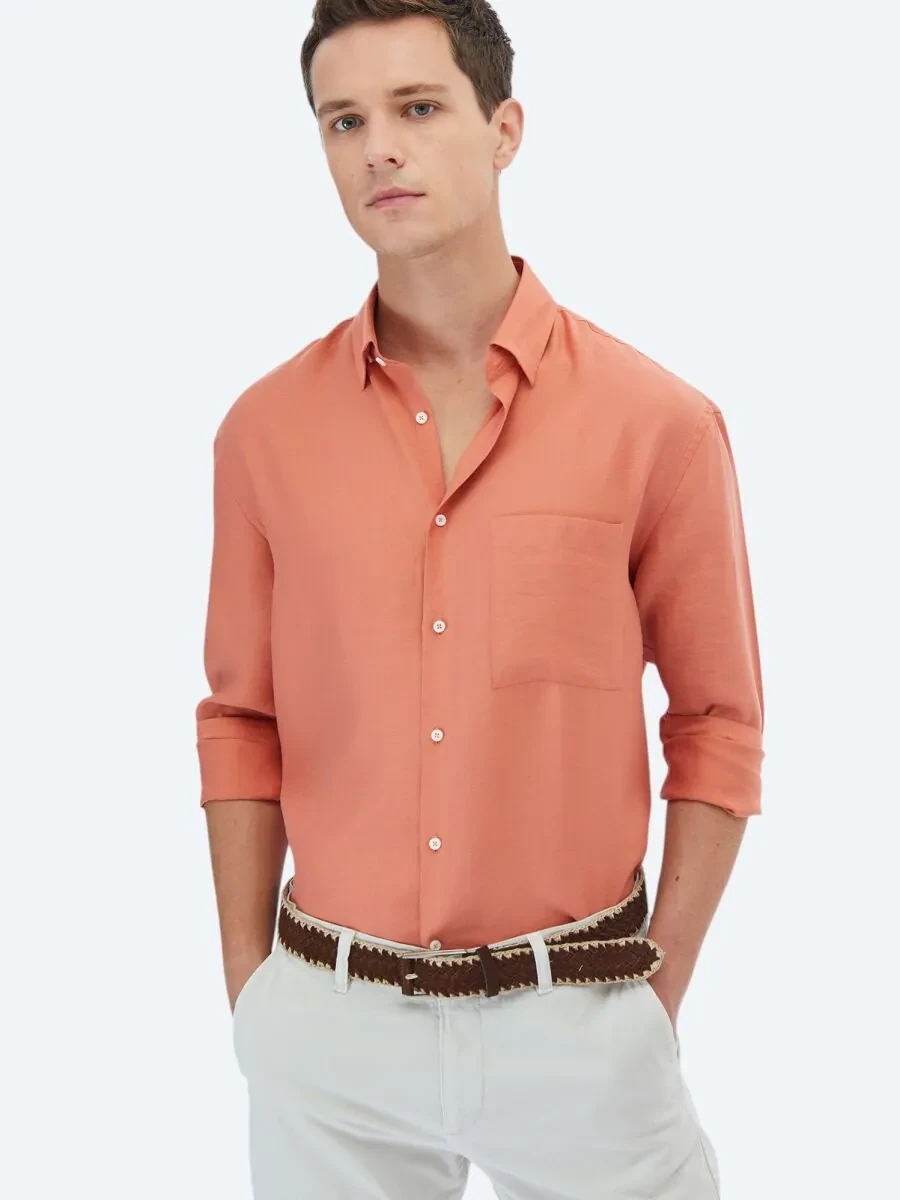 Orange Plain Weaving Casual Shirt - 1