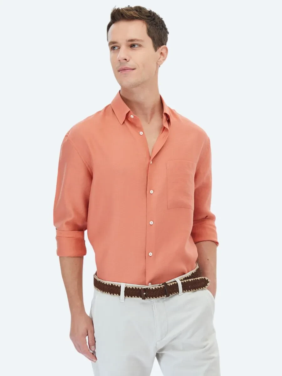 Orange Plain Weaving Casual Shirt - 3