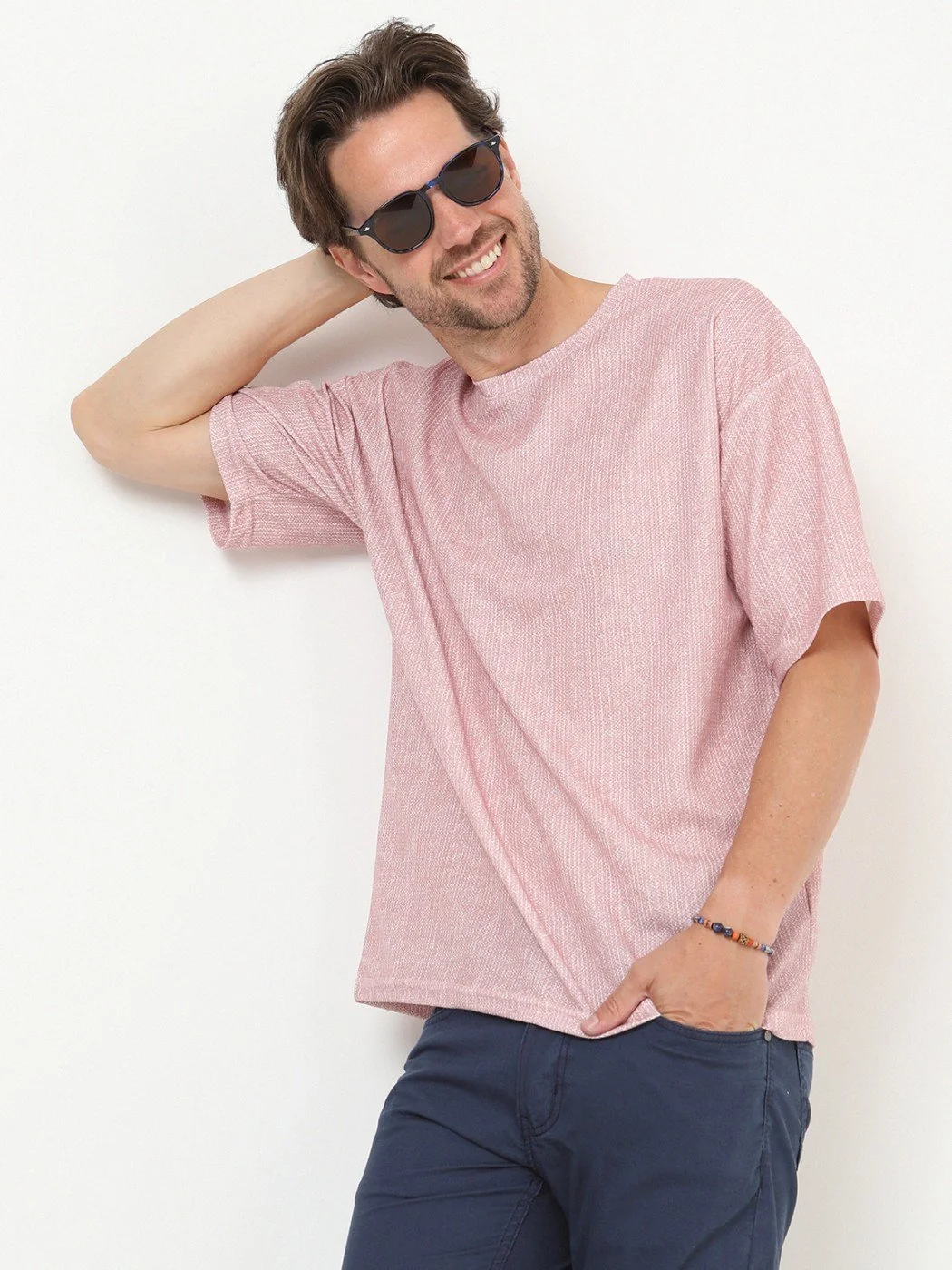 Pembe Baskılı Bisiklet Yaka %100 Pamuk T-Shirt - 1