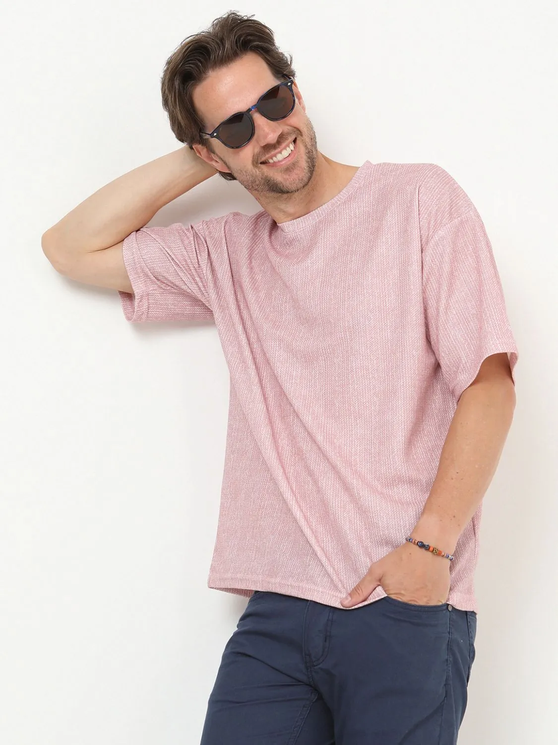 Pembe Baskılı Bisiklet Yaka %100 Pamuk T-Shirt - 1