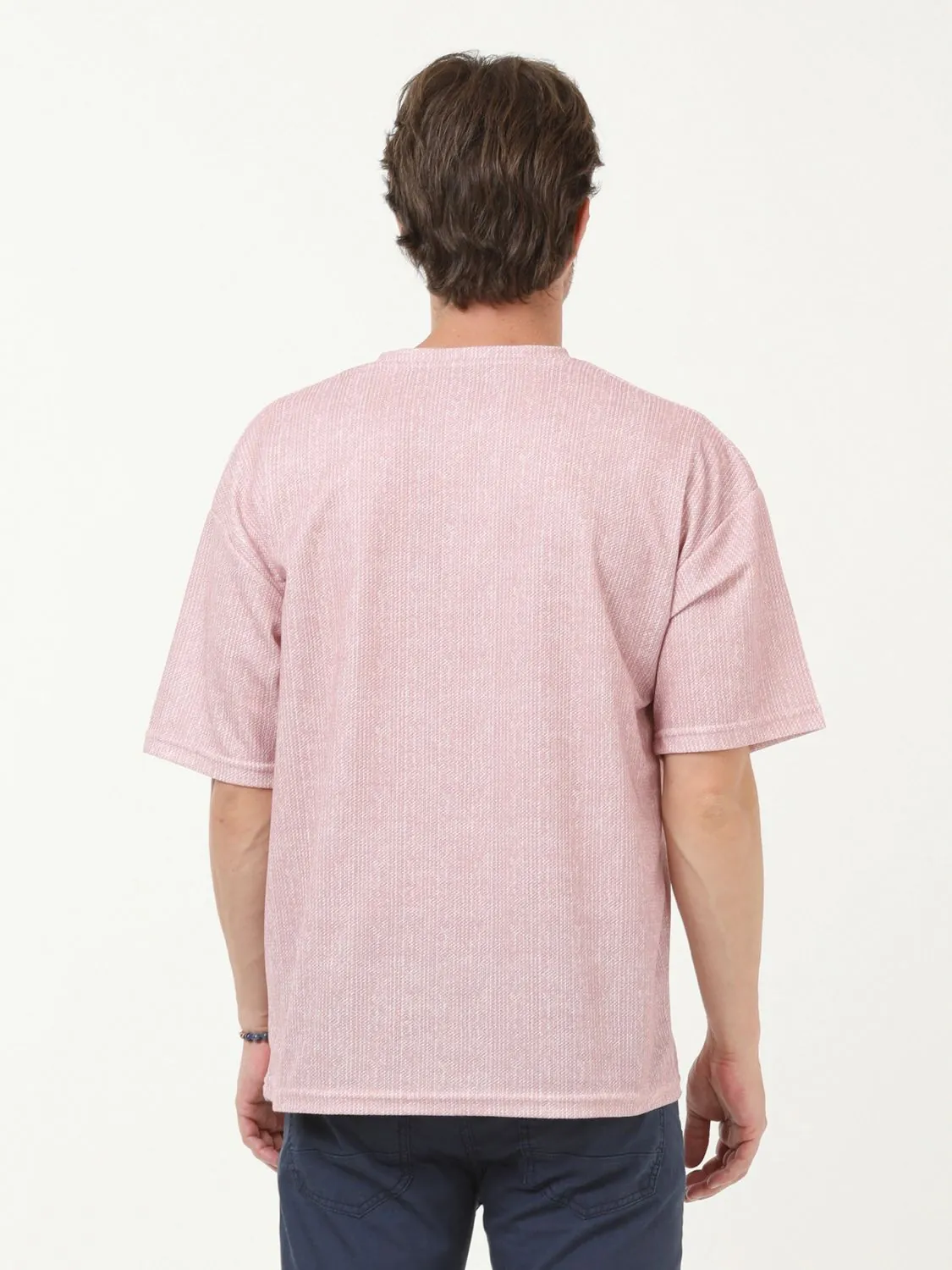 Pembe Baskılı Bisiklet Yaka %100 Pamuk T-Shirt - 4
