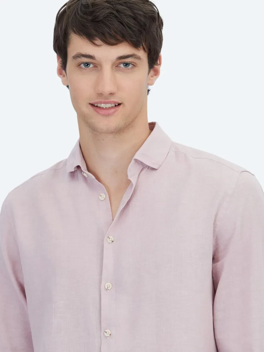 Pembe Düz Dokuma Casual Pamuk Karışımlı Gömlek - 3