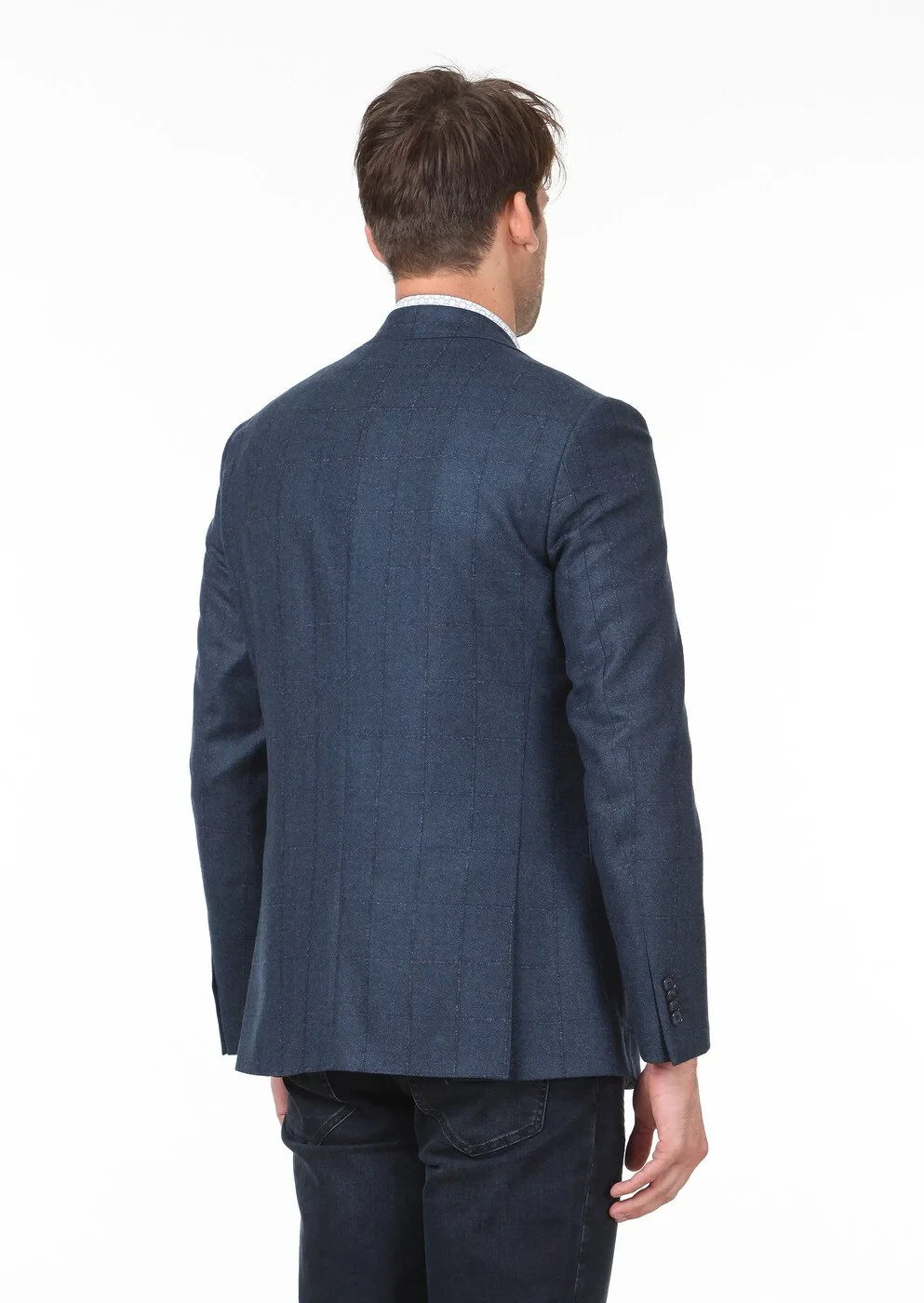 Petrol Blue Checkered Modern Fit 100% Wool Jacket - 4