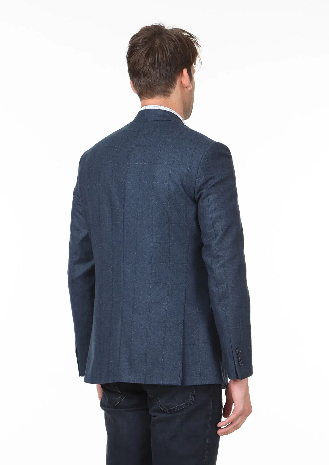 Petrol Blue Checkered Modern Fit 100% Wool Jacket - 4