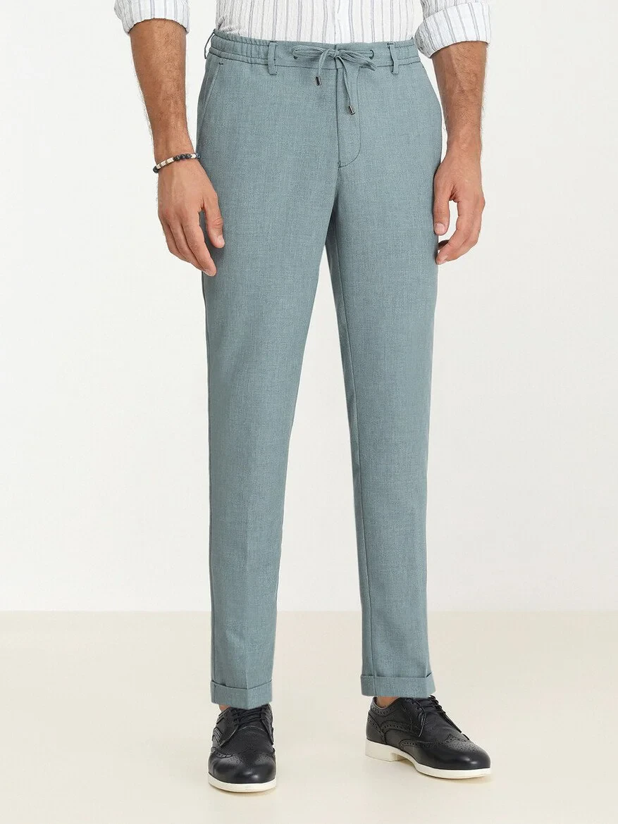 Petrol Blue Weaving Jogging Fit Casual Trousers - 1