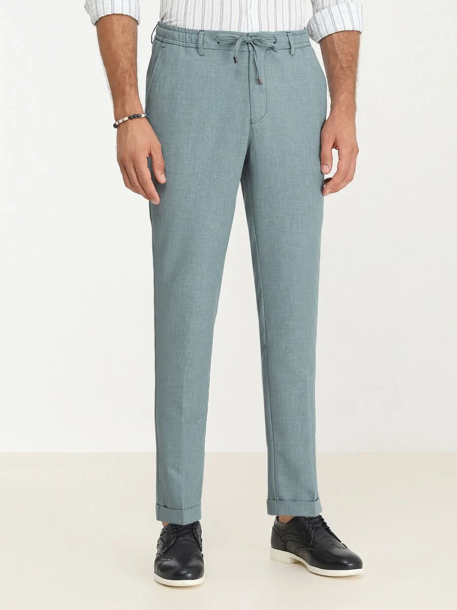 Petrol Blue Weaving Jogging Fit Casual Trousers - 1