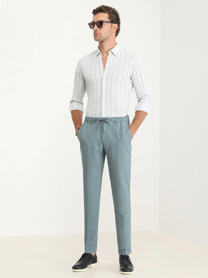 Petrol Blue Weaving Jogging Fit Casual Trousers - 2